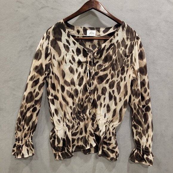 Ariat‎ Sheer Blouse Women's Size Large Long Sleeve  Leopard Print Tie Front Boho - Picture 1 of 9